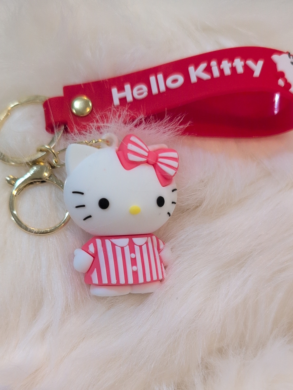 Hello Kitty Pink & White Striped Keychain Bag Charm